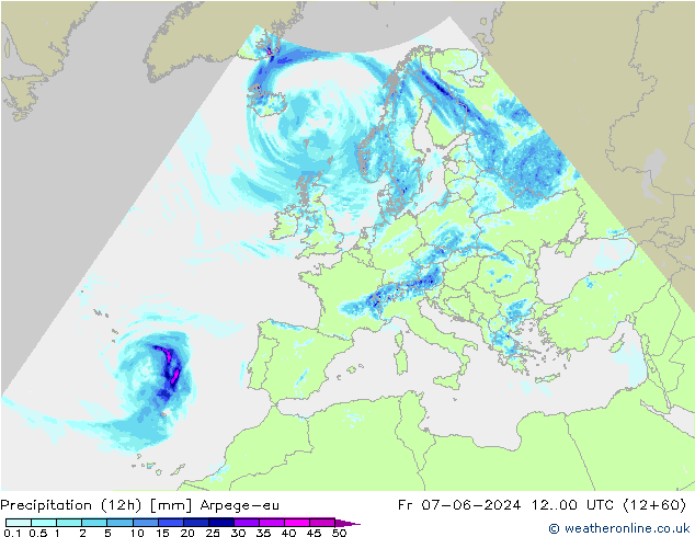 Totale neerslag (12h) Arpege-eu vr 07.06.2024 00 UTC