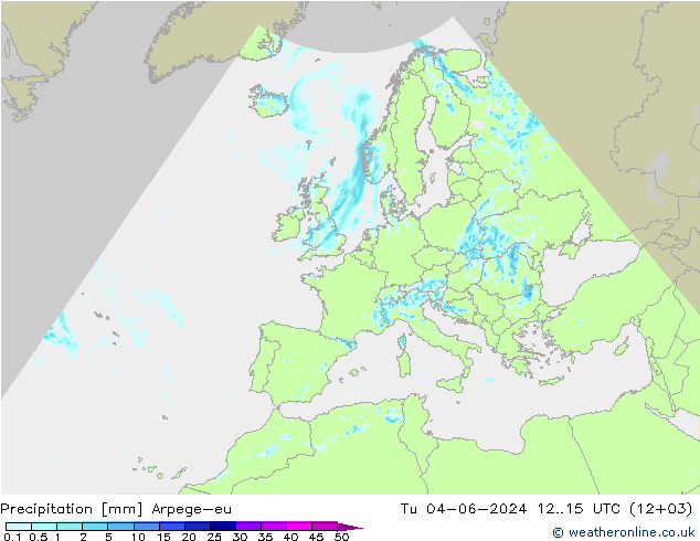 Srážky Arpege-eu Út 04.06.2024 15 UTC