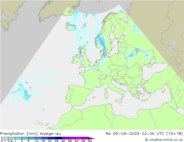 Precipitazione Arpege-eu mer 05.06.2024 06 UTC