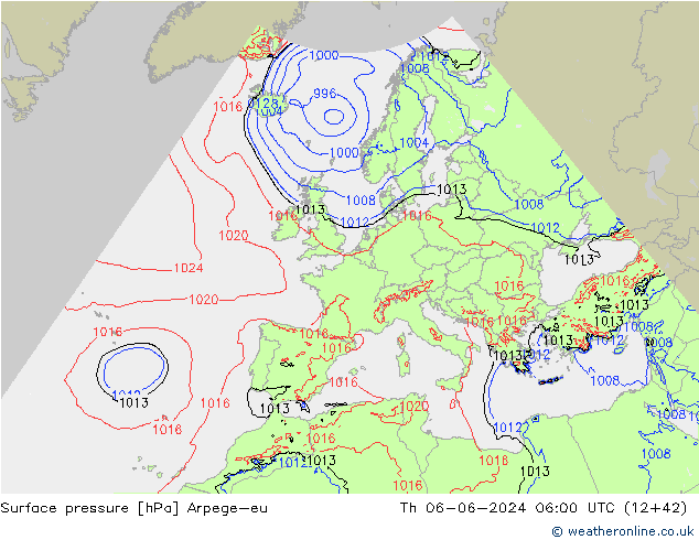 Surface pressure Arpege-eu Th 06.06.2024 06 UTC