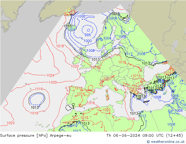 Surface pressure Arpege-eu Th 06.06.2024 09 UTC