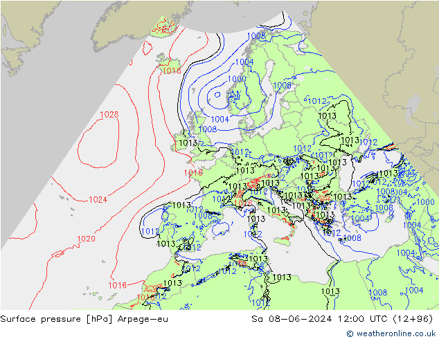 Pressione al suolo Arpege-eu sab 08.06.2024 12 UTC