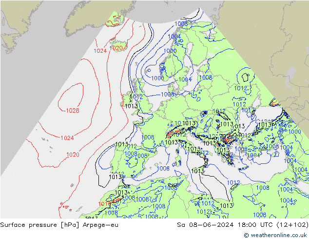 Presión superficial Arpege-eu sáb 08.06.2024 18 UTC