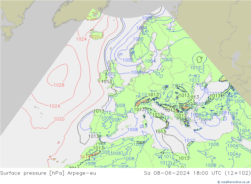 Surface pressure Arpege-eu Sa 08.06.2024 18 UTC