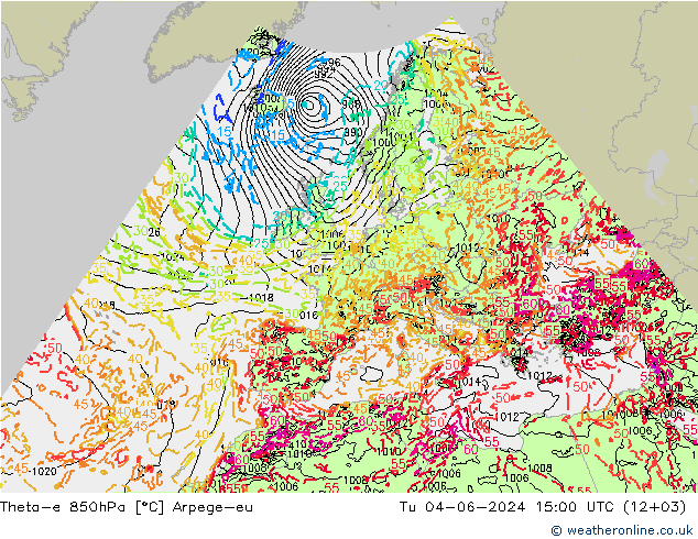 Theta-e 850hPa Arpege-eu Di 04.06.2024 15 UTC