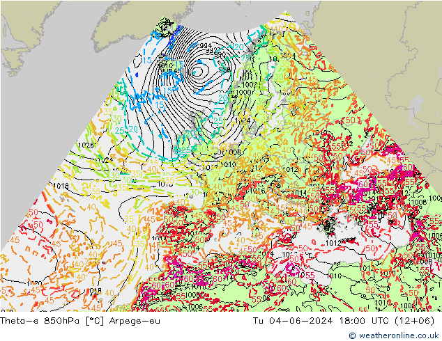 Theta-e 850hPa Arpege-eu Sa 04.06.2024 18 UTC