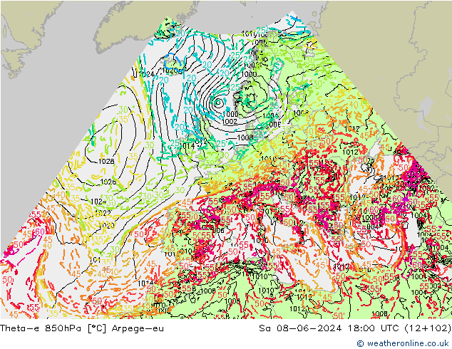 Theta-e 850hPa Arpege-eu Sa 08.06.2024 18 UTC