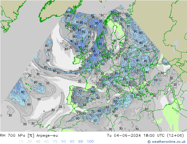 Humidité rel. 700 hPa Arpege-eu mar 04.06.2024 18 UTC