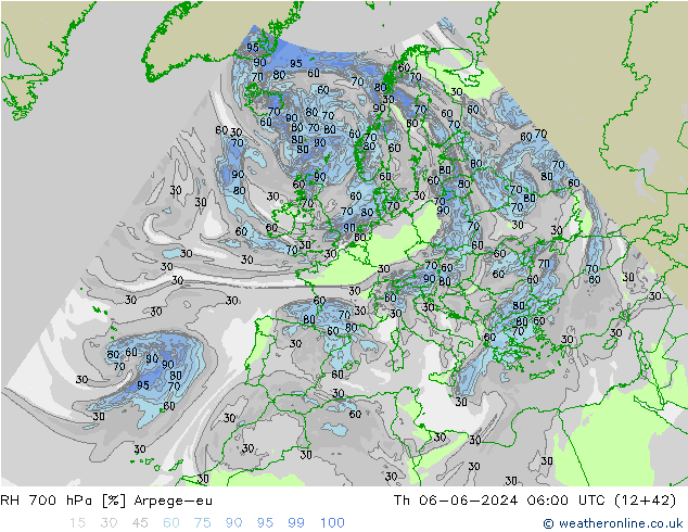 RH 700 hPa Arpege-eu Do 06.06.2024 06 UTC