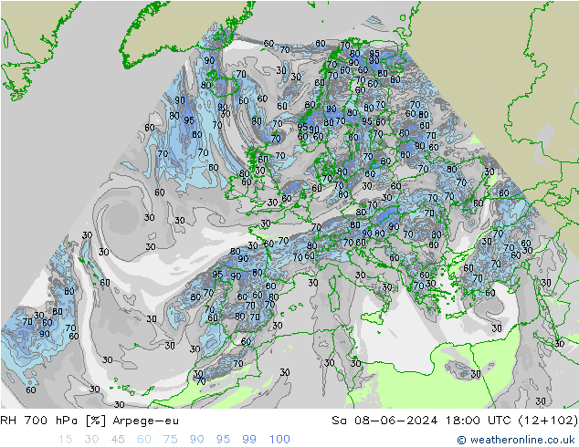 RH 700 hPa Arpege-eu Sa 08.06.2024 18 UTC