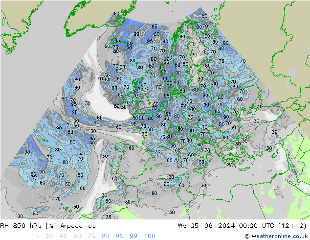 RH 850 hPa Arpege-eu Qua 05.06.2024 00 UTC