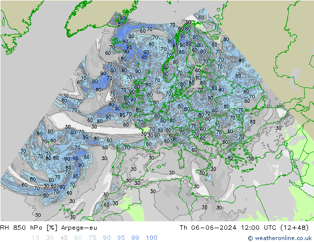 RH 850 hPa Arpege-eu gio 06.06.2024 12 UTC