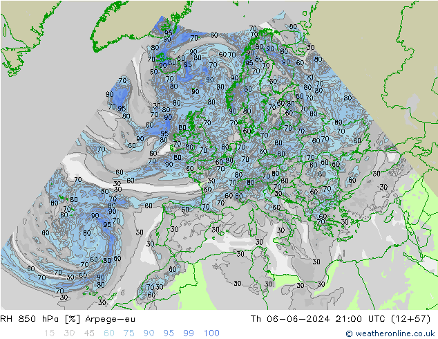 RH 850 hPa Arpege-eu gio 06.06.2024 21 UTC