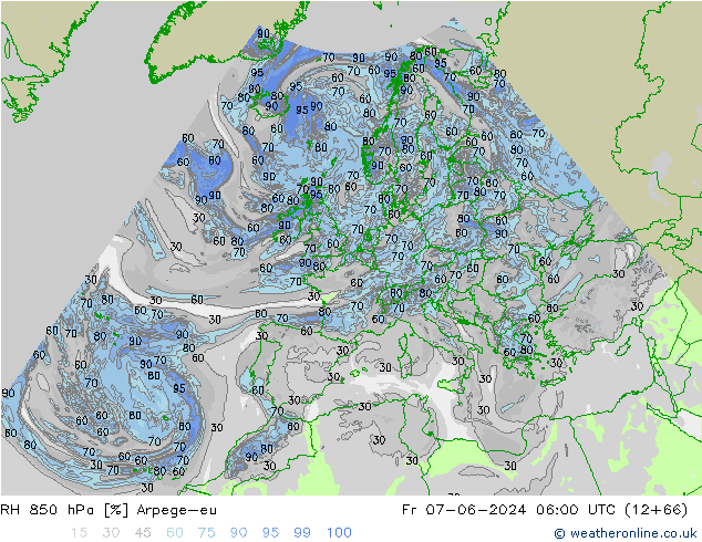 RH 850 hPa Arpege-eu Fr 07.06.2024 06 UTC