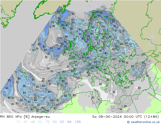 RH 850 hPa Arpege-eu Sa 08.06.2024 00 UTC