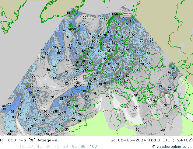 RH 850 hPa Arpege-eu So 08.06.2024 18 UTC