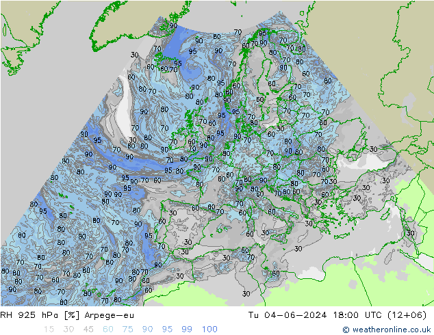 RH 925 hPa Arpege-eu Tu 04.06.2024 18 UTC