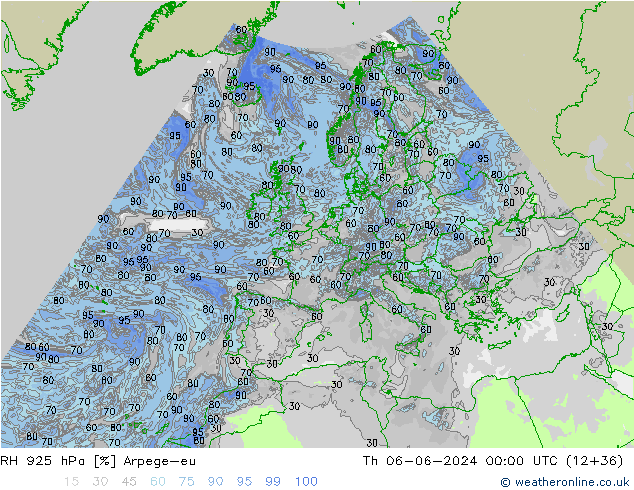 RH 925 hPa Arpege-eu Čt 06.06.2024 00 UTC