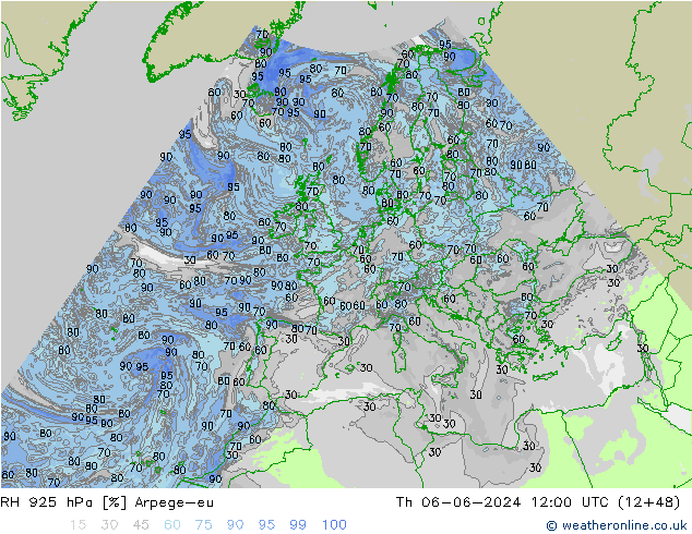 RH 925 hPa Arpege-eu Čt 06.06.2024 12 UTC