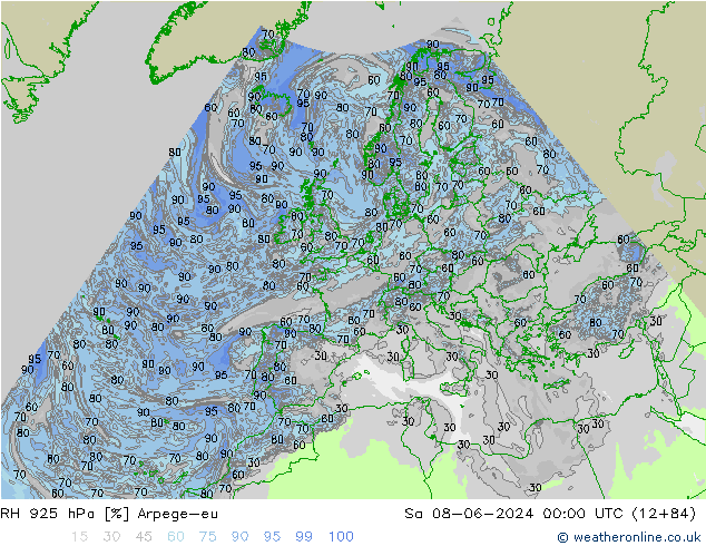 RH 925 hPa Arpege-eu Sa 08.06.2024 00 UTC