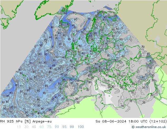 RH 925 hPa Arpege-eu Sa 08.06.2024 18 UTC