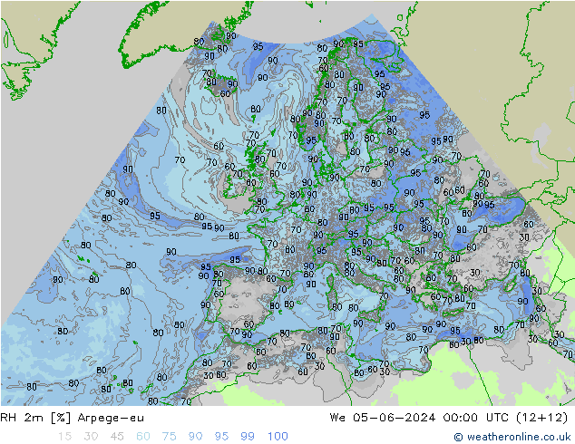 RH 2m Arpege-eu Mi 05.06.2024 00 UTC