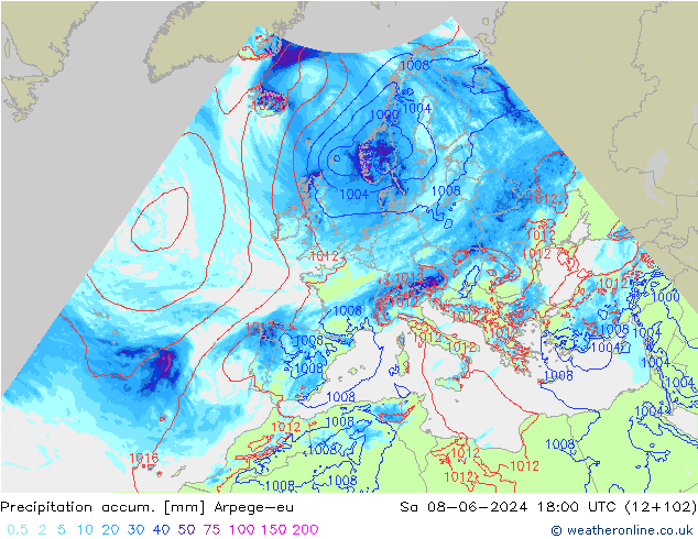 Precipitation accum. Arpege-eu So 08.06.2024 18 UTC