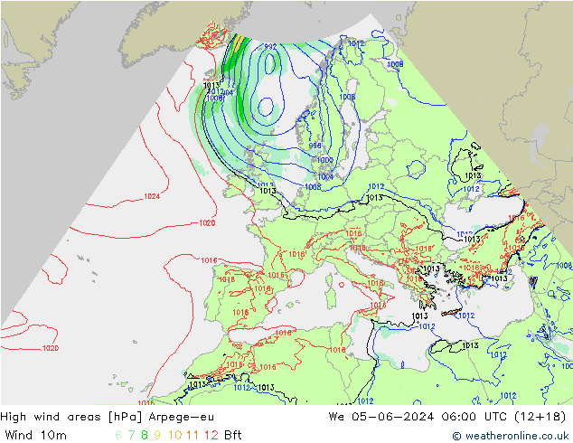 High wind areas Arpege-eu We 05.06.2024 06 UTC