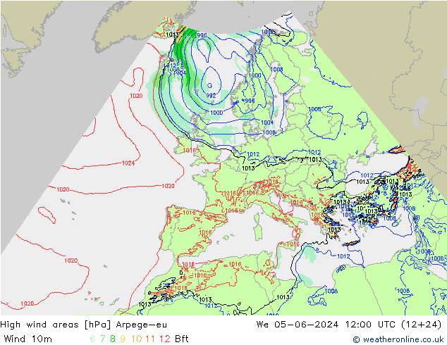 High wind areas Arpege-eu ср 05.06.2024 12 UTC