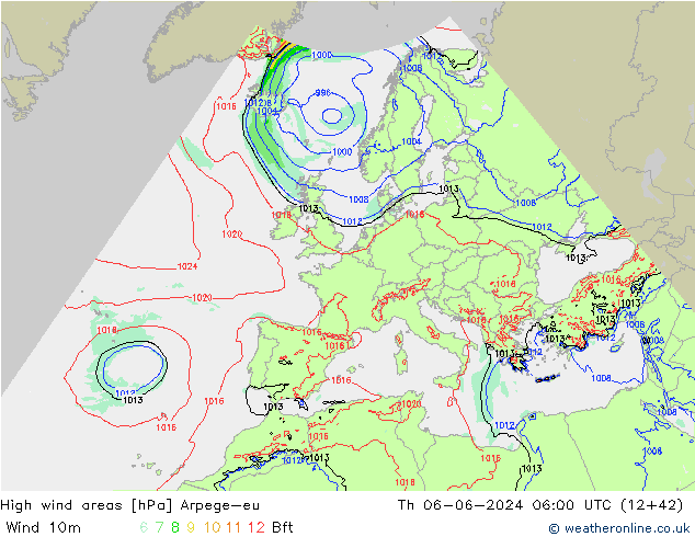 High wind areas Arpege-eu Th 06.06.2024 06 UTC