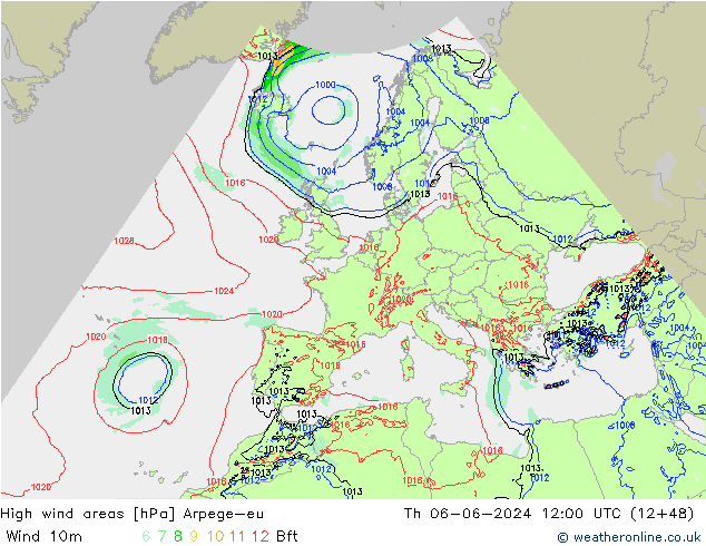 High wind areas Arpege-eu gio 06.06.2024 12 UTC