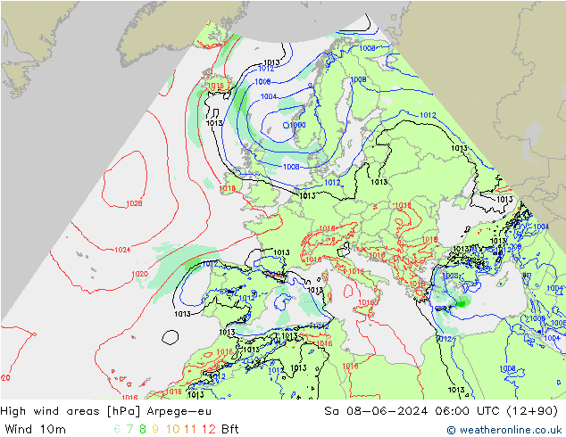 yüksek rüzgarlı alanlar Arpege-eu Cts 08.06.2024 06 UTC