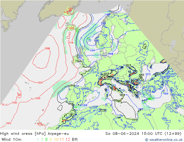 Windvelden Arpege-eu za 08.06.2024 15 UTC