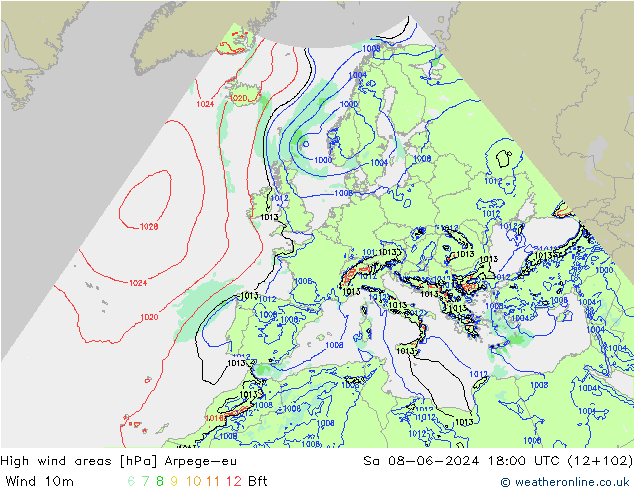 High wind areas Arpege-eu sáb 08.06.2024 18 UTC