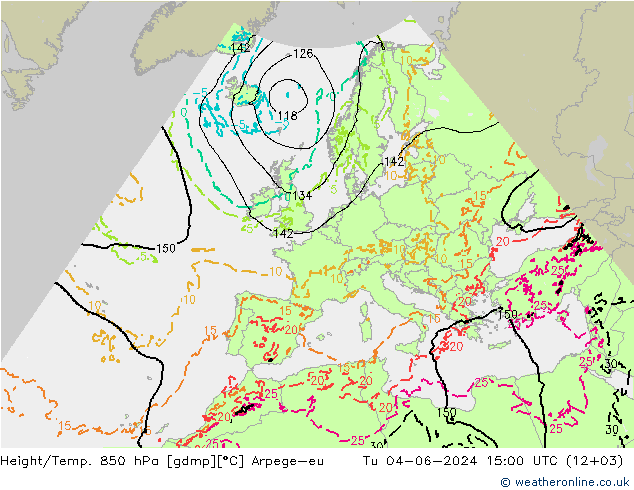 Height/Temp. 850 hPa Arpege-eu Út 04.06.2024 15 UTC