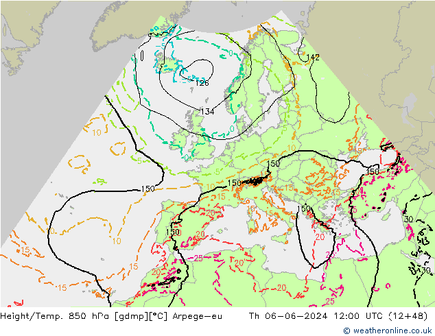 Height/Temp. 850 hPa Arpege-eu Th 06.06.2024 12 UTC