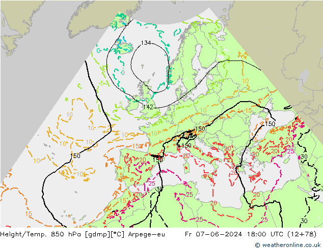 Height/Temp. 850 hPa Arpege-eu ven 07.06.2024 18 UTC