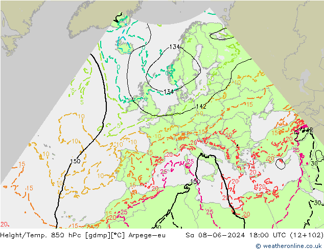 Height/Temp. 850 hPa Arpege-eu Sáb 08.06.2024 18 UTC