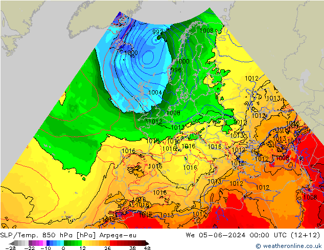 SLP/Temp. 850 гПа Arpege-eu ср 05.06.2024 00 UTC