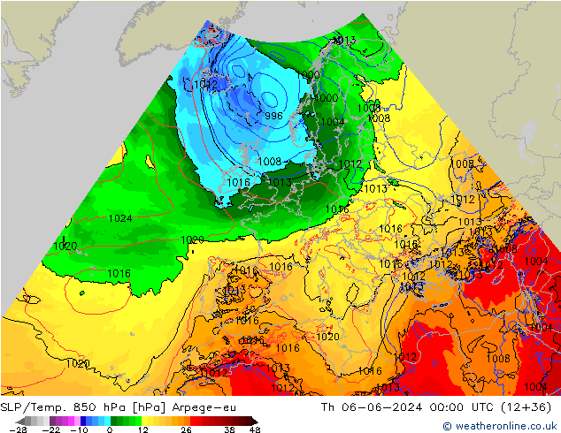 SLP/Temp. 850 hPa Arpege-eu Čt 06.06.2024 00 UTC