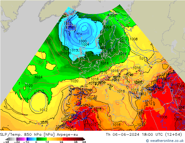 SLP/Temp. 850 hPa Arpege-eu jeu 06.06.2024 18 UTC