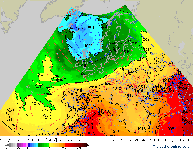 SLP/Temp. 850 hPa Arpege-eu Fr 07.06.2024 12 UTC