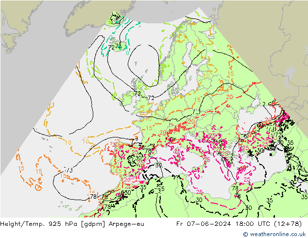 Height/Temp. 925 hPa Arpege-eu ven 07.06.2024 18 UTC