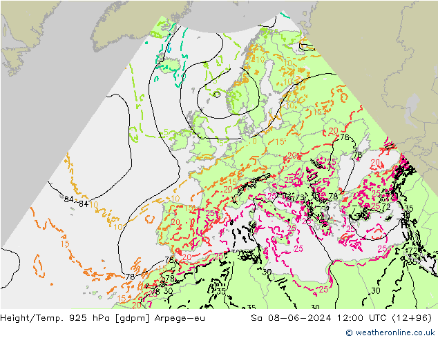 Height/Temp. 925 hPa Arpege-eu So 08.06.2024 12 UTC