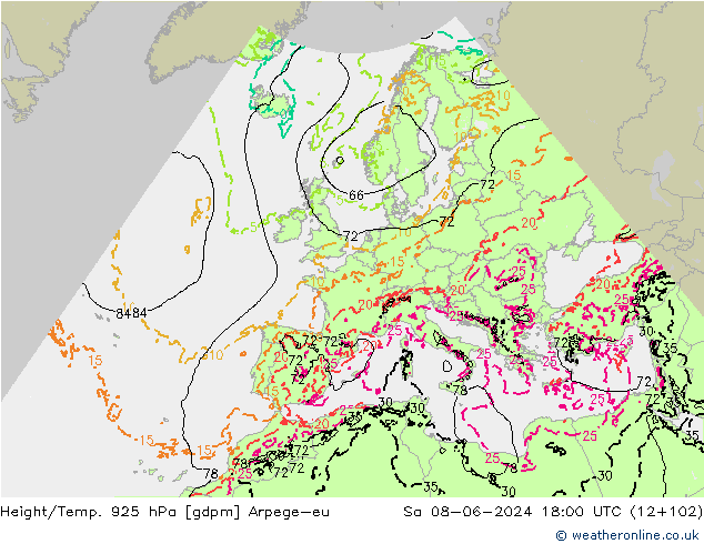 Height/Temp. 925 hPa Arpege-eu Sáb 08.06.2024 18 UTC