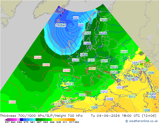 Schichtdicke 700-1000 hPa Arpege-eu Di 04.06.2024 18 UTC