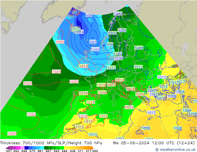 Thck 700-1000 гПа Arpege-eu ср 05.06.2024 12 UTC