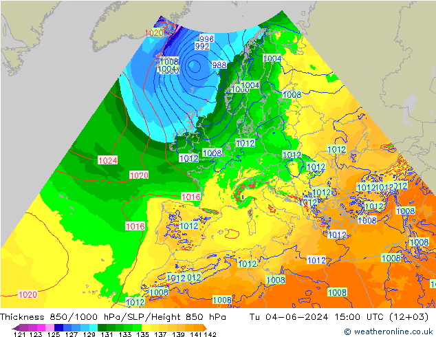 Schichtdicke 850-1000 hPa Arpege-eu Di 04.06.2024 15 UTC