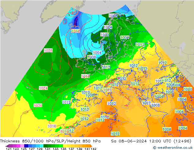 Thck 850-1000 гПа Arpege-eu сб 08.06.2024 12 UTC