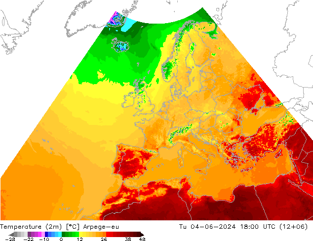 Temperatuurkaart (2m) Arpege-eu di 04.06.2024 18 UTC